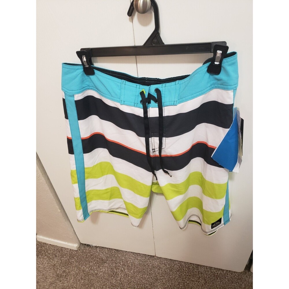 Rare sample item Quicksilver Men's 32 Board Shorts Bk, Yellow, Aqua stripes NEW